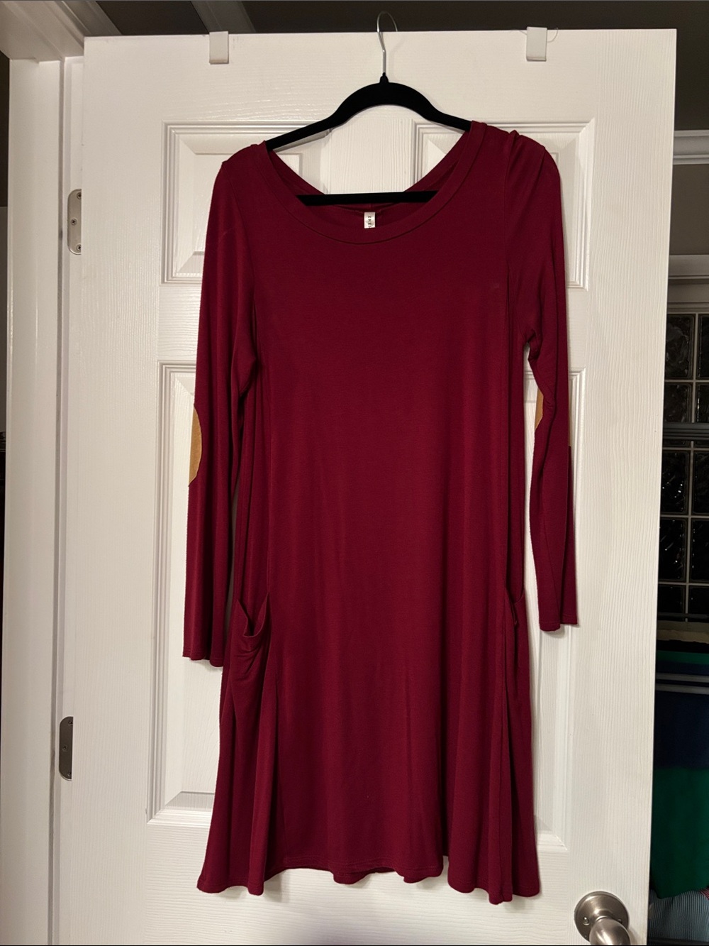 Long Sleeve Burgundy Swing Dress with Elbow Patches